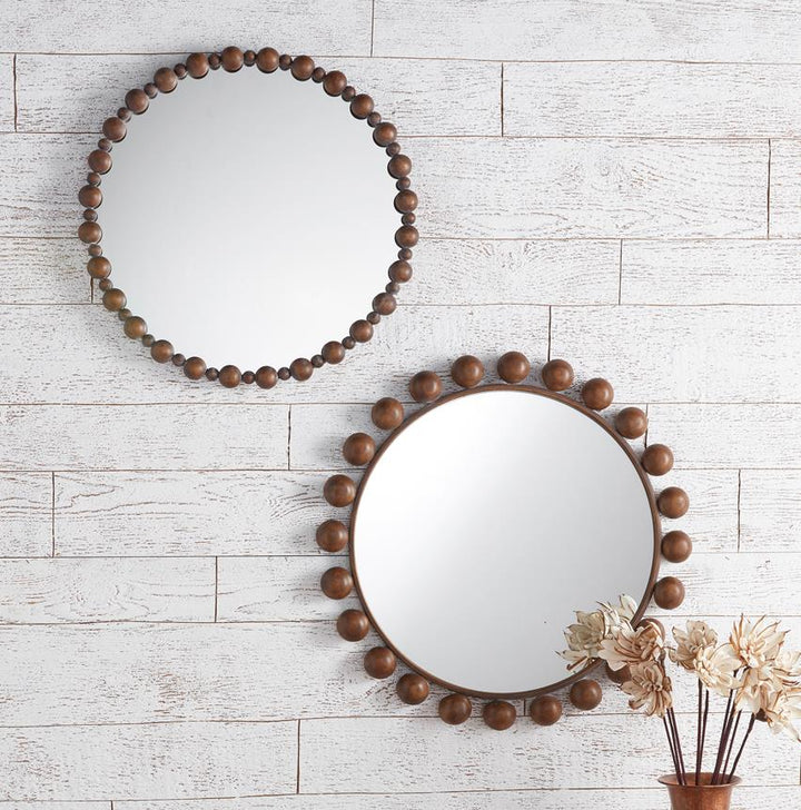 Round Mirror with Large Beaded Rim - Brown