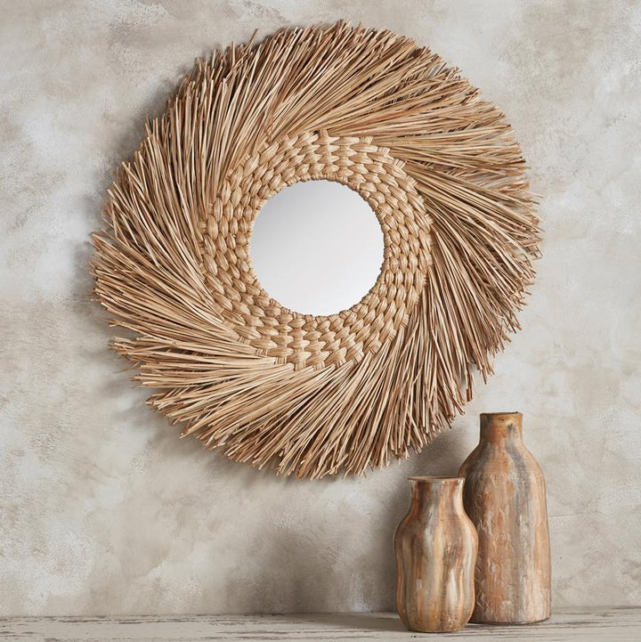 Round Seagrass Loose Woven Mirror with Woven Accent - Wheat