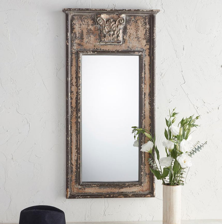 Rustic Style Distressed Wood Mirror with Decorative Focal Point - Antique Copper