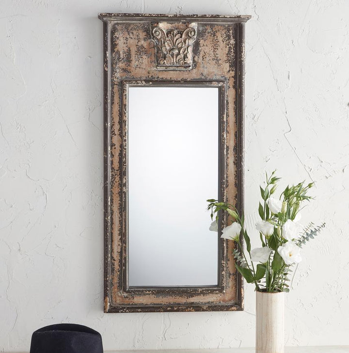 Rustic Style Distressed Wood Mirror with Decorative Focal Point - Antique Copper