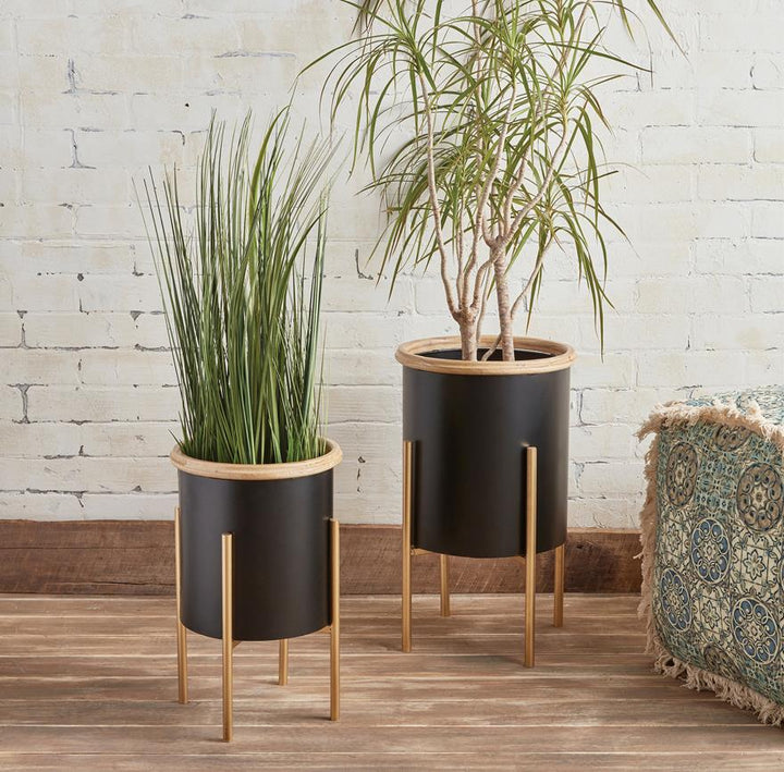 Black Metal Plant Stands with Wood Rim, Set of 2 - Black