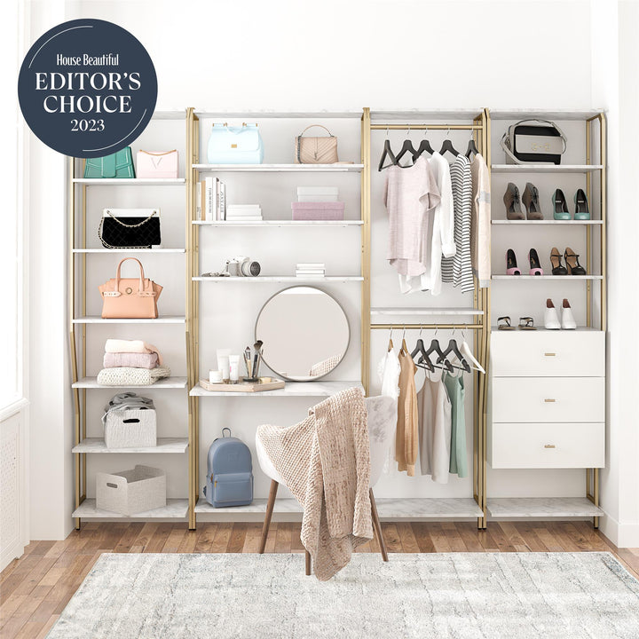 Gwyneth Closet 4 Piece Bundle-Shelves, Vanity, Hanging Rods & Drawers - White marble