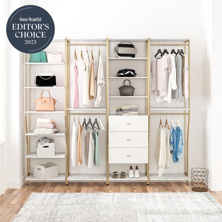 Gwyneth Closet 4 Piece Bundle-2 Hanging Rod, 1 Shelf & 1 Drawer Unit - White marble