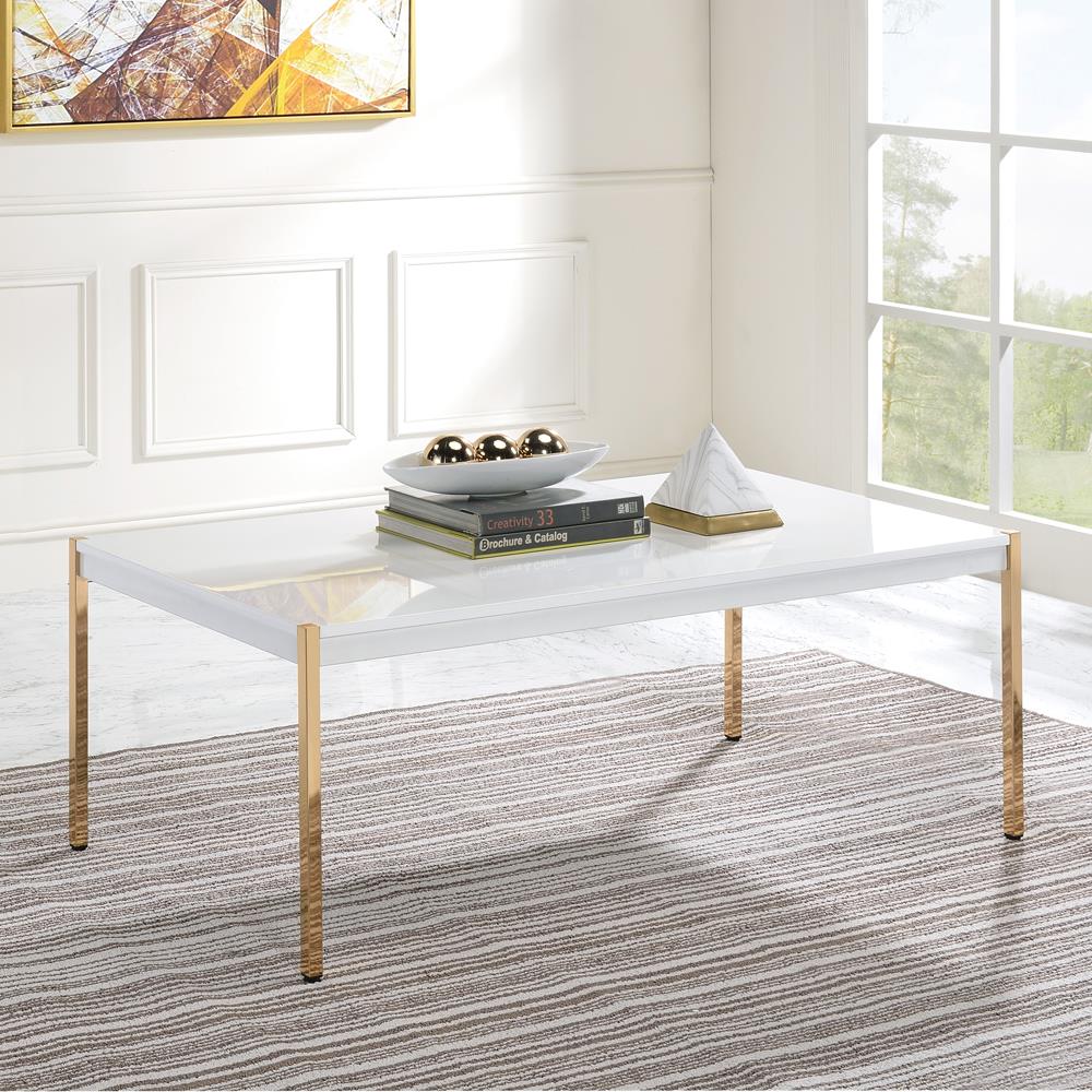 Rectangular Coffee Table with Gold Metal Legs - White