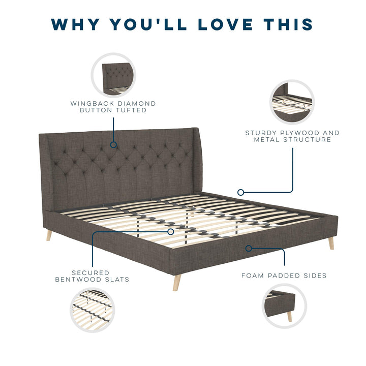 Her Majesty Wingback Bed with a Button Tufted Headboard and Tapered Wood Legs - Grey Linen - King