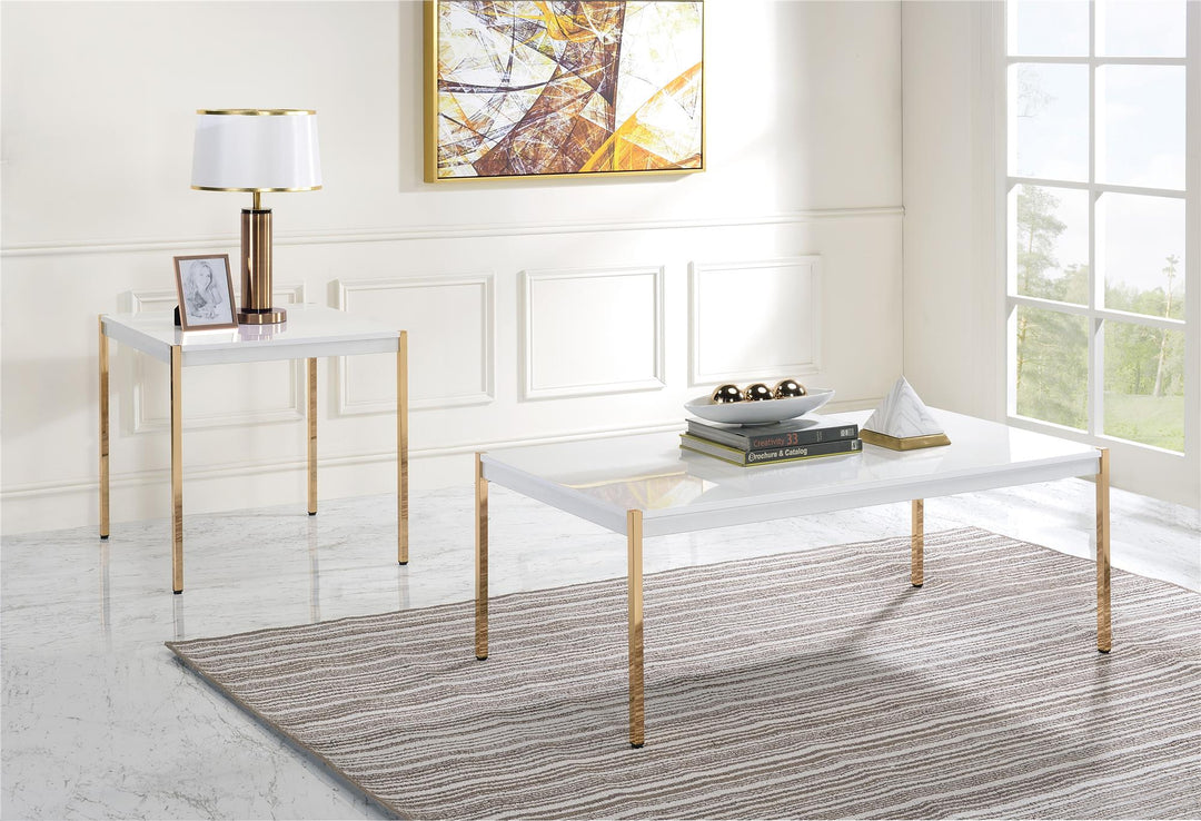 Square End Table with Gold Metal Legs - White