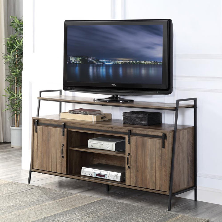 TV Stand with Sliding Barn Doors and 6 Cubbies - Rustic Oak