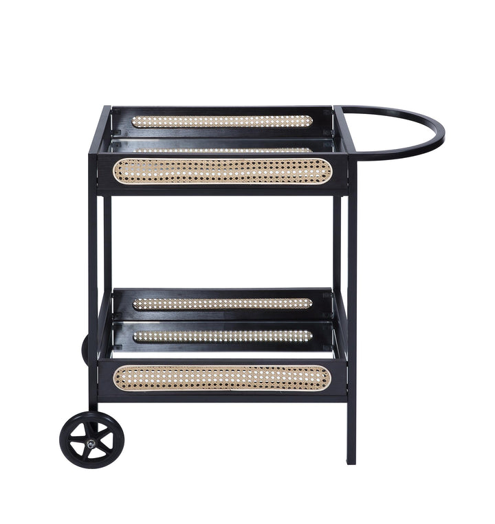 Colson Serving Cart with 2 Mirrored Shelves and Rattan Insert  -  Black