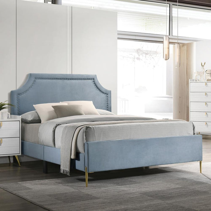 Upholstered Bed with Nailheads Aesthetic - Light Blue - Queen