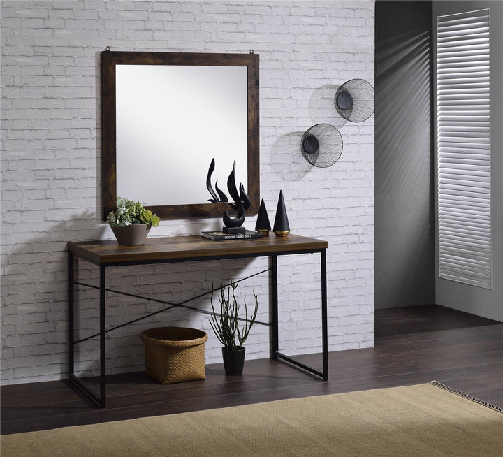 Industrial Console Table with Wooden Top - Weathered Oak