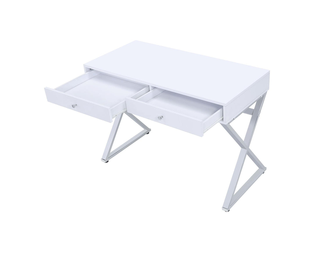 rectangular writing desk with 2 drawers and usb ports for office - White