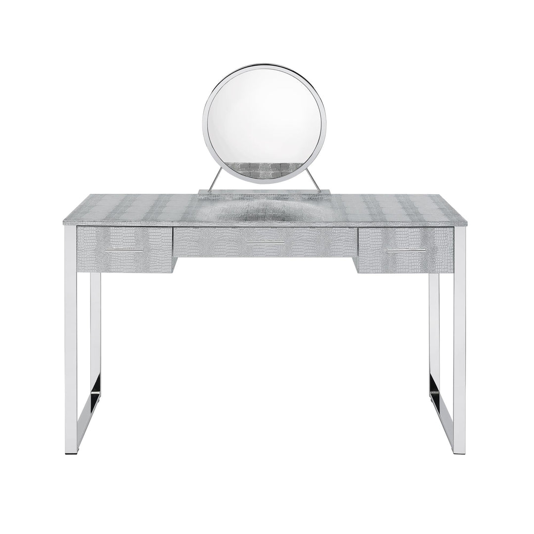 Myles Vanity Set with 2 Storage Drawers, USB and Round Mirror  -  Chrome