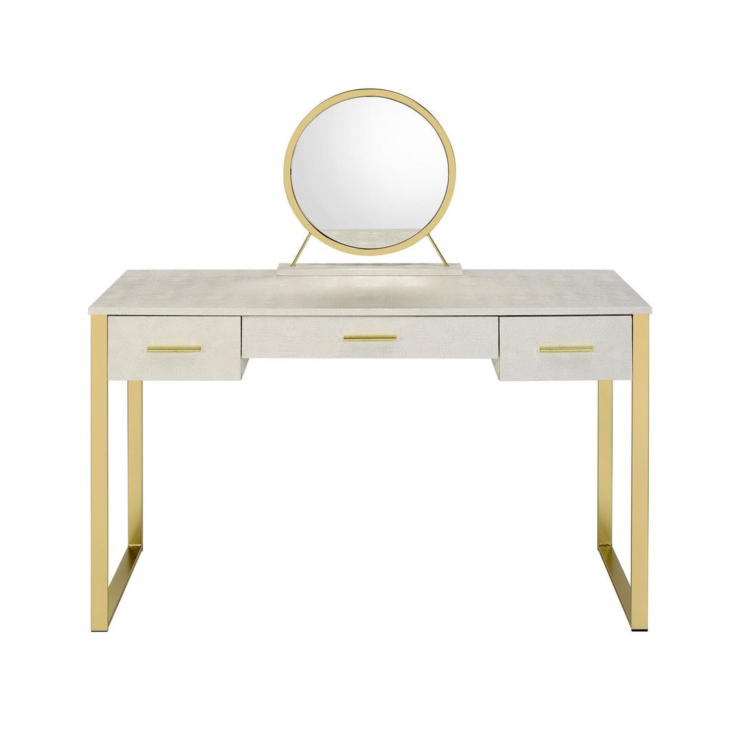 Myles Vanity Set with 2 Storage Drawers, USB and Round Mirror  -  Champagne Gold