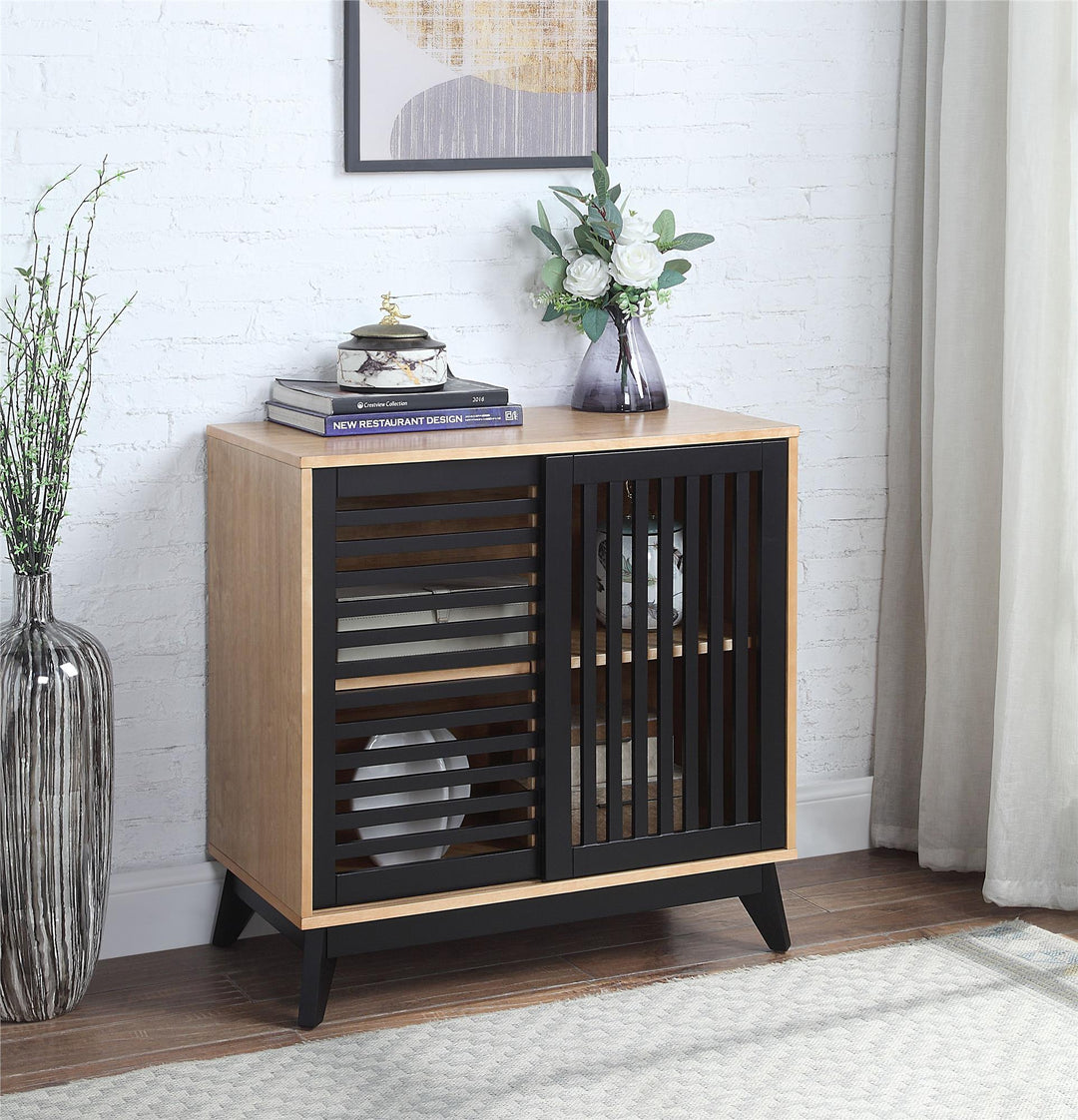 2 slatted sliding door console table - Oak