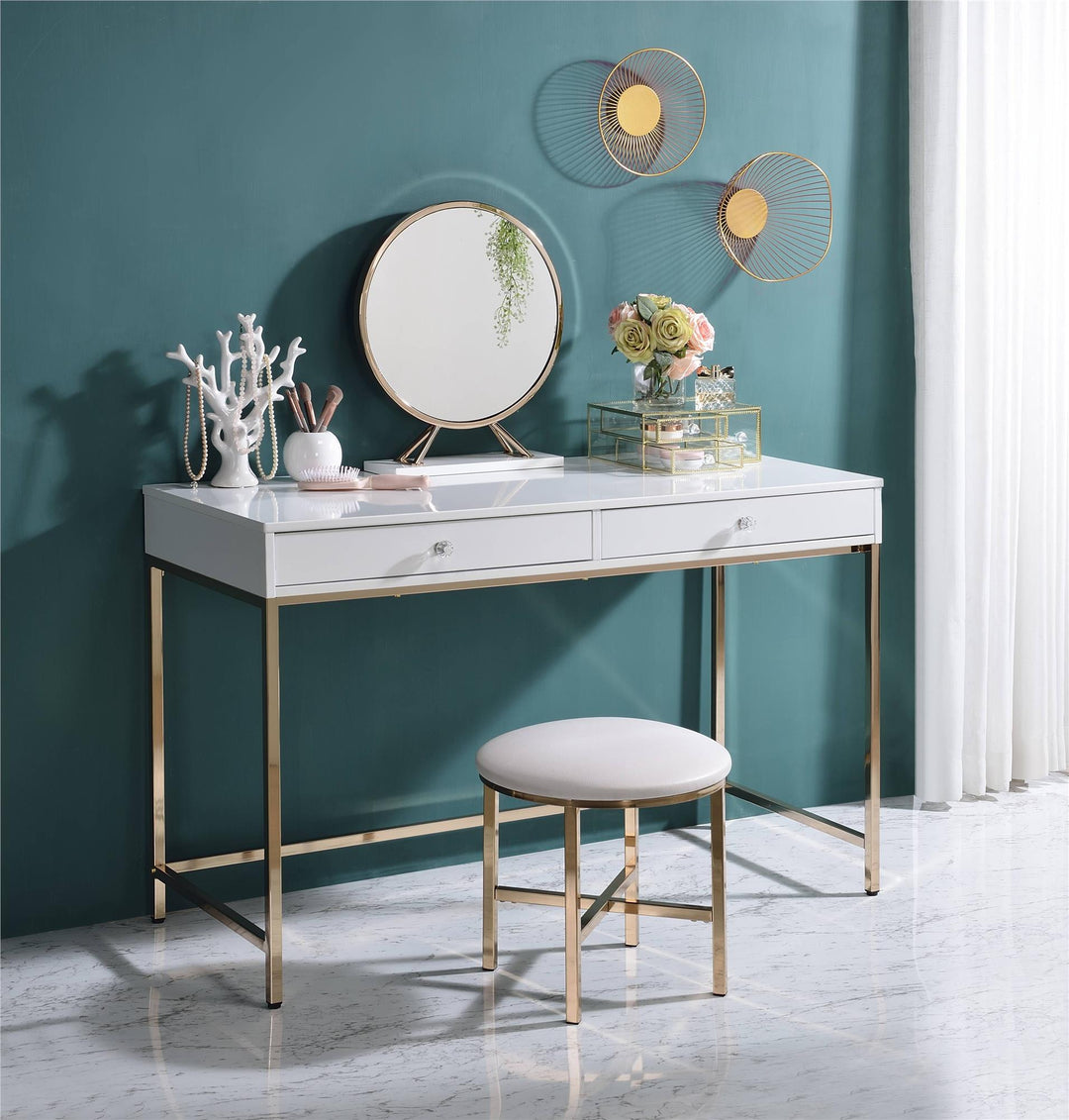 Vanity mirror sets with coordinating stools Midriaks -  Champagne Gold