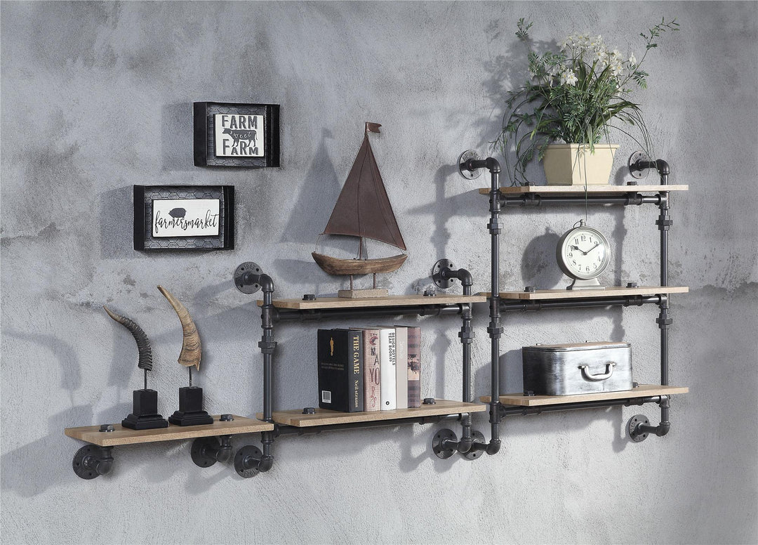 Water pipe style Wall Rack with 2 Tier Shelf - Oak