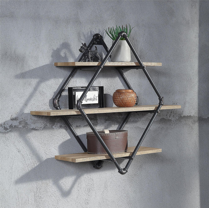 Diamond Shape Wall Rack with 3 Tier Shelf - Oak