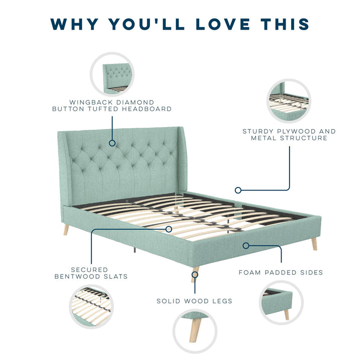Her Majesty Wingback Bed with a Button Tufted Headboard and Tapered Wood Legs - Green - Queen