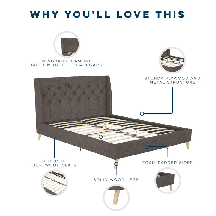 Her Majesty Wingback Bed with a Button Tufted Headboard and Tapered Wood Legs - Grey Linen - Queen
