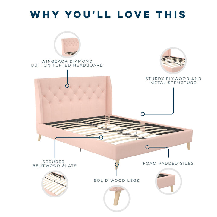 Her Majesty Wingback Bed with a Button Tufted Headboard and Tapered Wood Legs - Pink - Queen