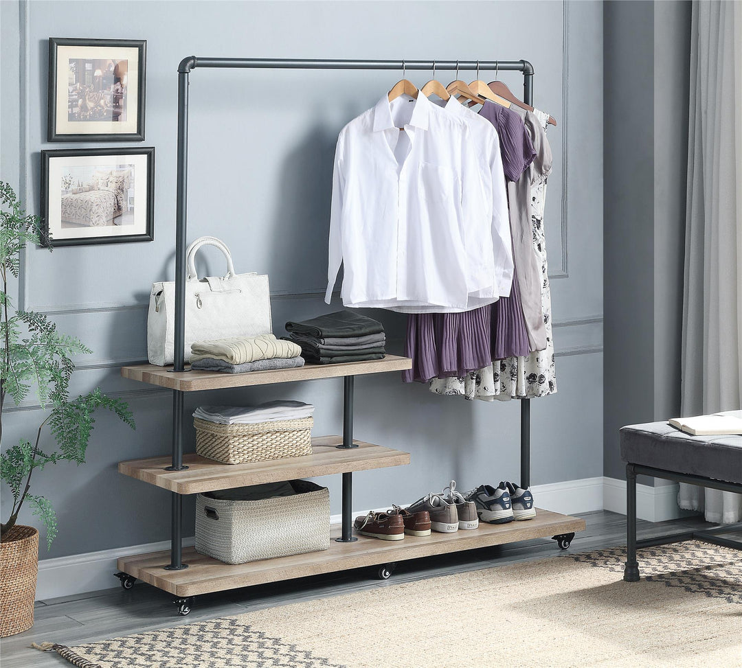Hanger Rack with 3-Tiered Wooden Shelves - Natural