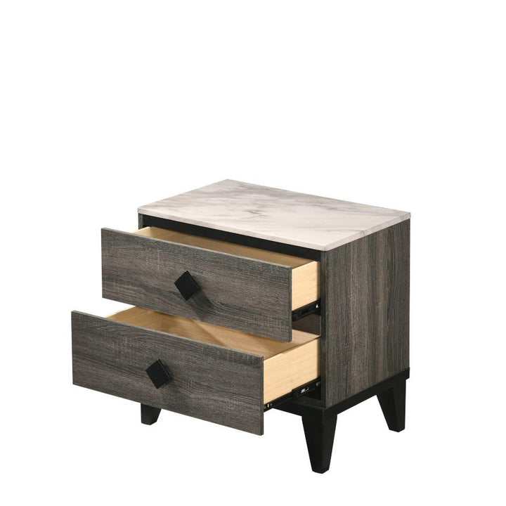 Modern Nightstand with 2 Drawers and Faux Marble Top - Rustic Gray Oak
