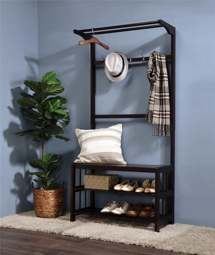 Hall Tree with 5 Hooks, 2 Rods and 2 Shelves - Espresso