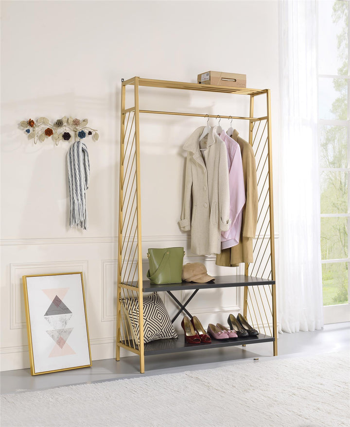 Hall Tree with 2 Shelves and 1 Hanging Rail- Gold