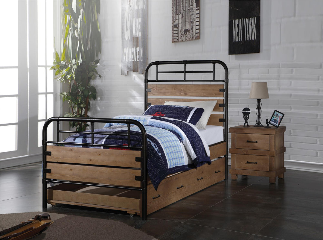 Adams Trundle Twin Bed with Metal Frame and Wood Panels - Antique Oak
