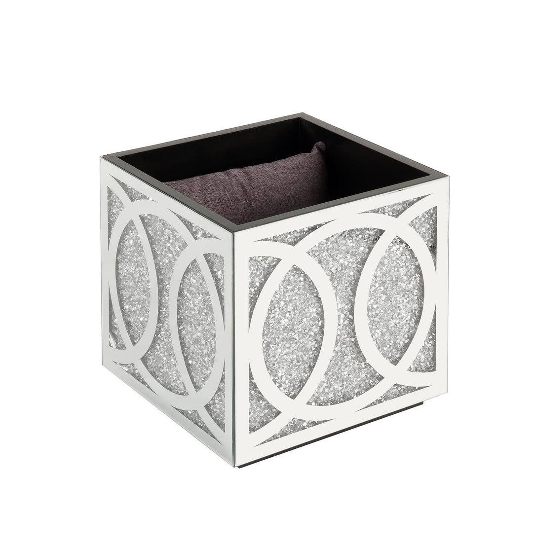 Storage Ottoman with Mirrored trims and Faux Crystal Inlay - Chrome