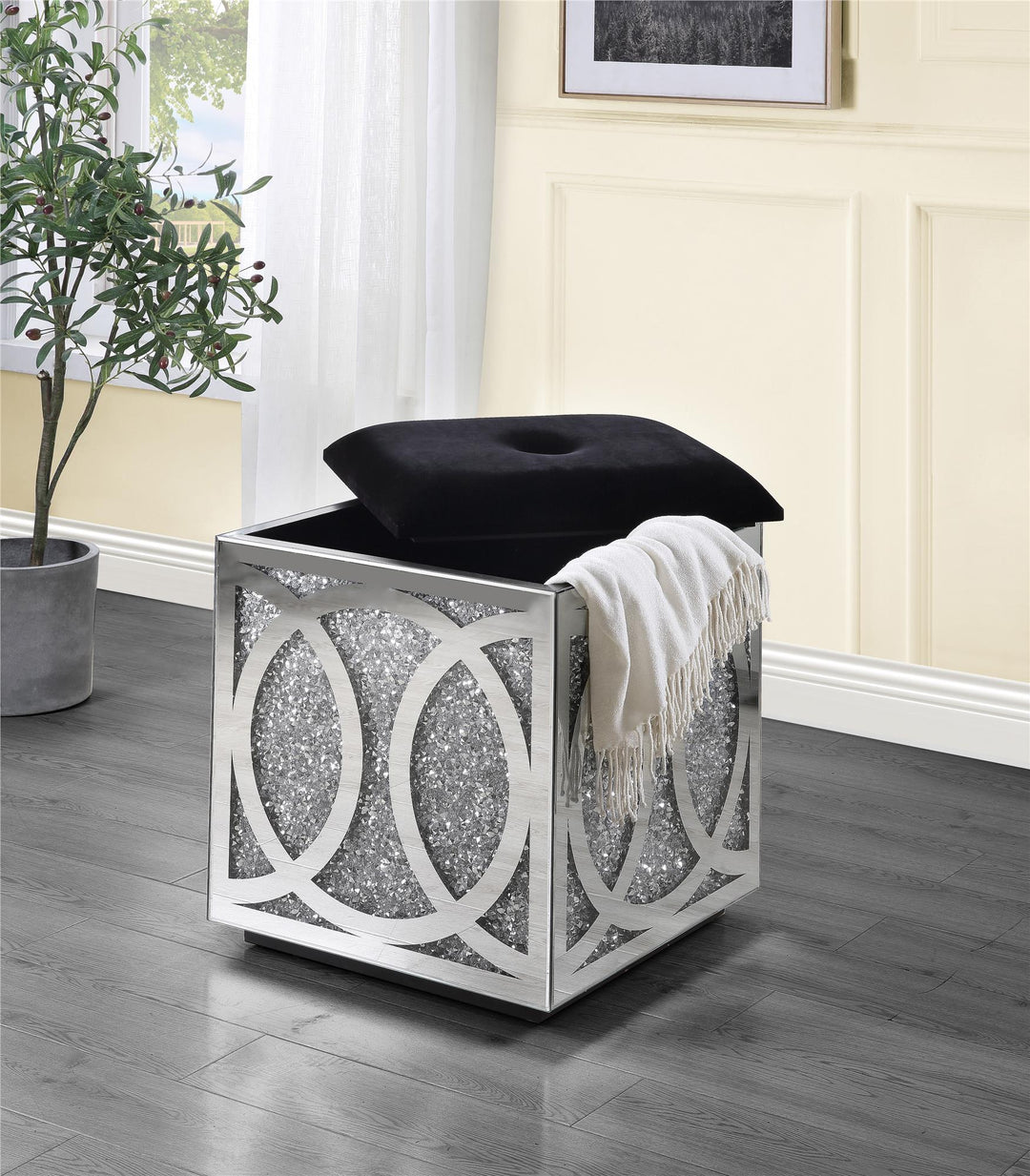 Storage Ottoman with Mirror and Faux Crystal Inlay - Chrome