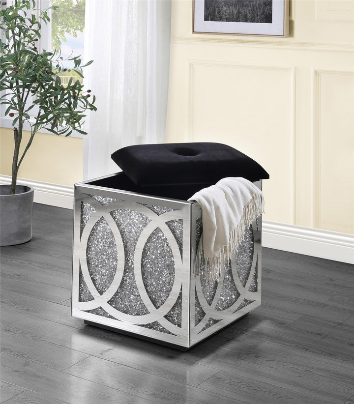 Storage Ottoman with Mirror and Faux Crystal Inlay - Chrome