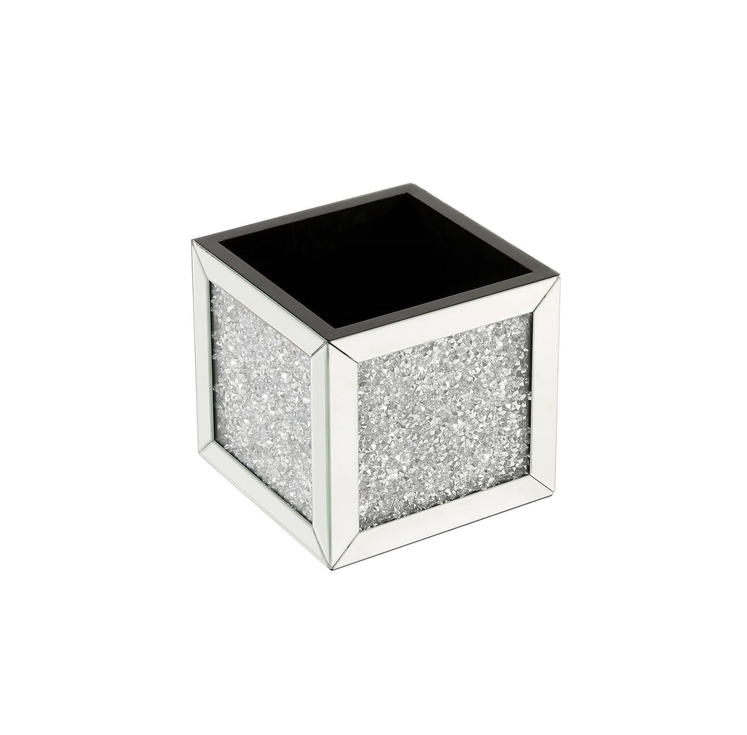 Square Storage Ottoman with Mirror and Faux Crystal Inlay - Chrome