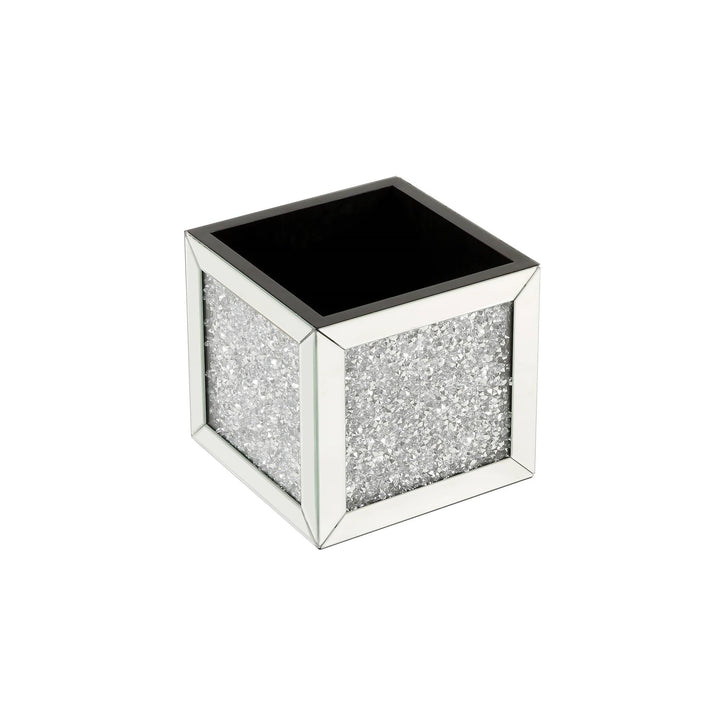 Square Storage Ottoman with Mirror and Faux Crystal Inlay - Chrome