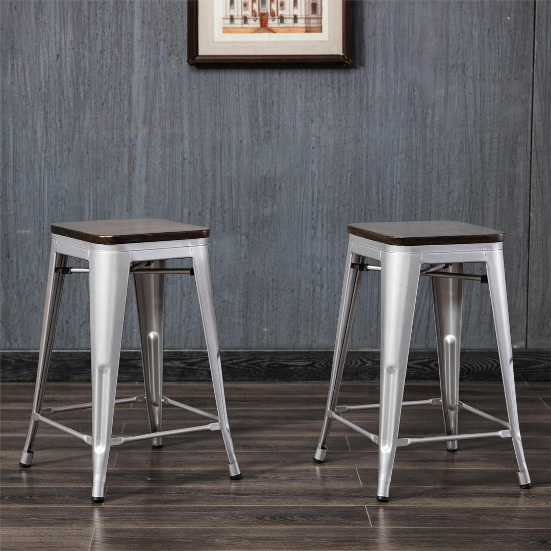 Set of 2 square wooden top industrial counter stool - Silver