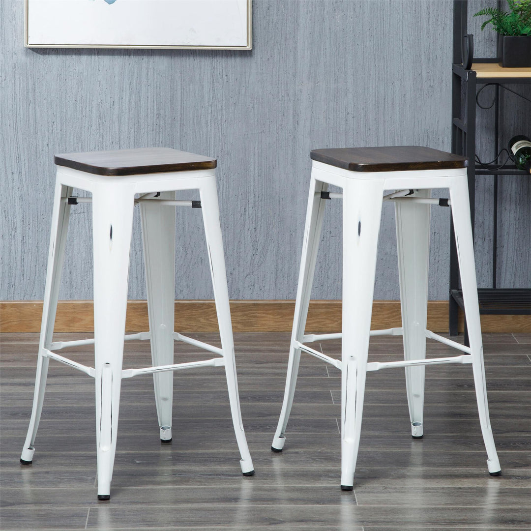 Set of 2 industrial counter stool with wooden top - White