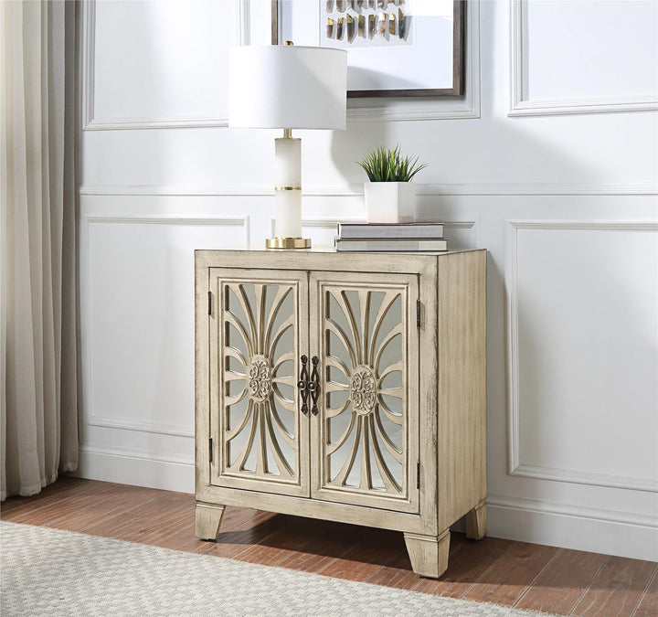 Storage table with patterned mirror doors -  N/A