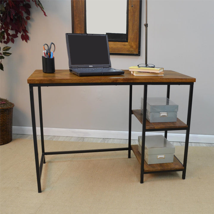 Rustic computer desk with 2 shelves - Chestnut Brown