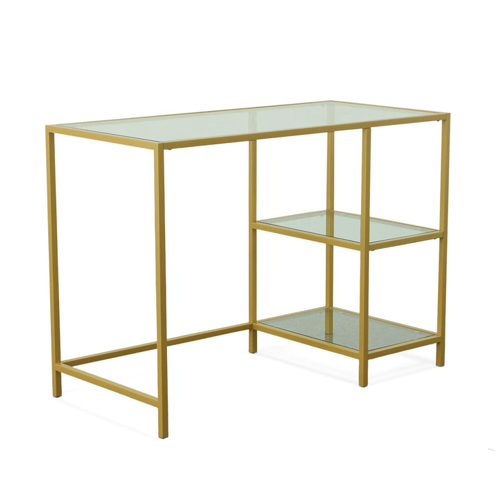 Glass Top Computer Desk with Shelves - Gold