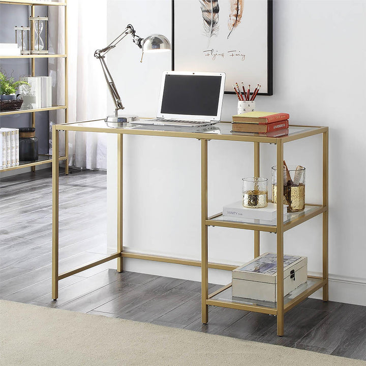 Glass Top Desk with Shelves - Gold