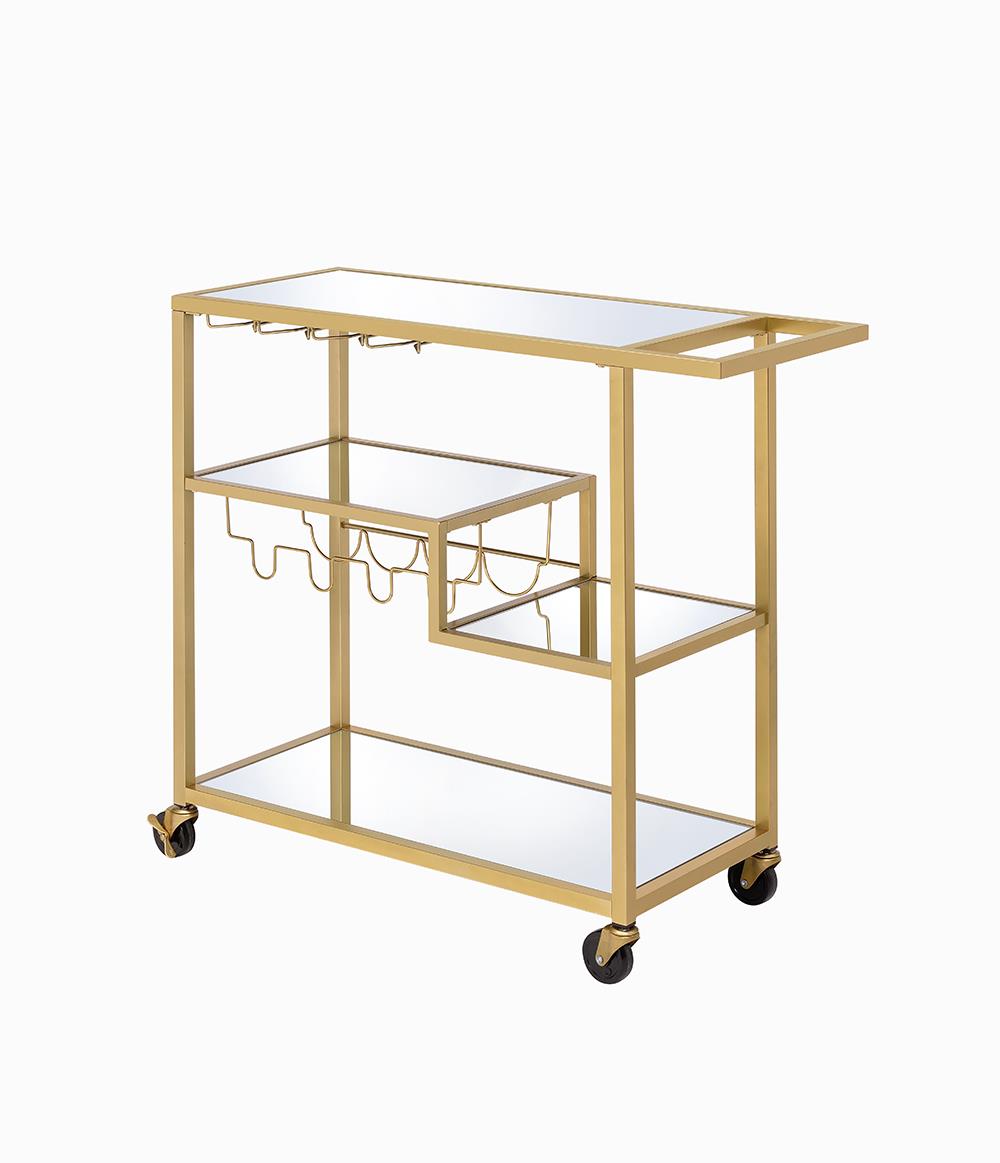 Gold finished Serving Cart with Wine Bottle and Glass Rack - Champagne Gold