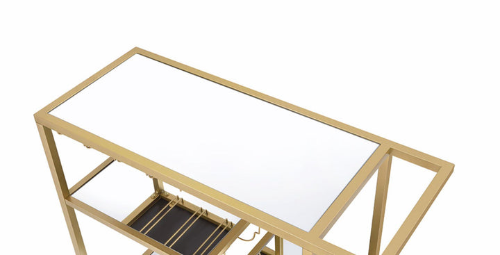Serving Cart with Wine Bottle and Glass Rack and 3 open compartments - Champagne Gold