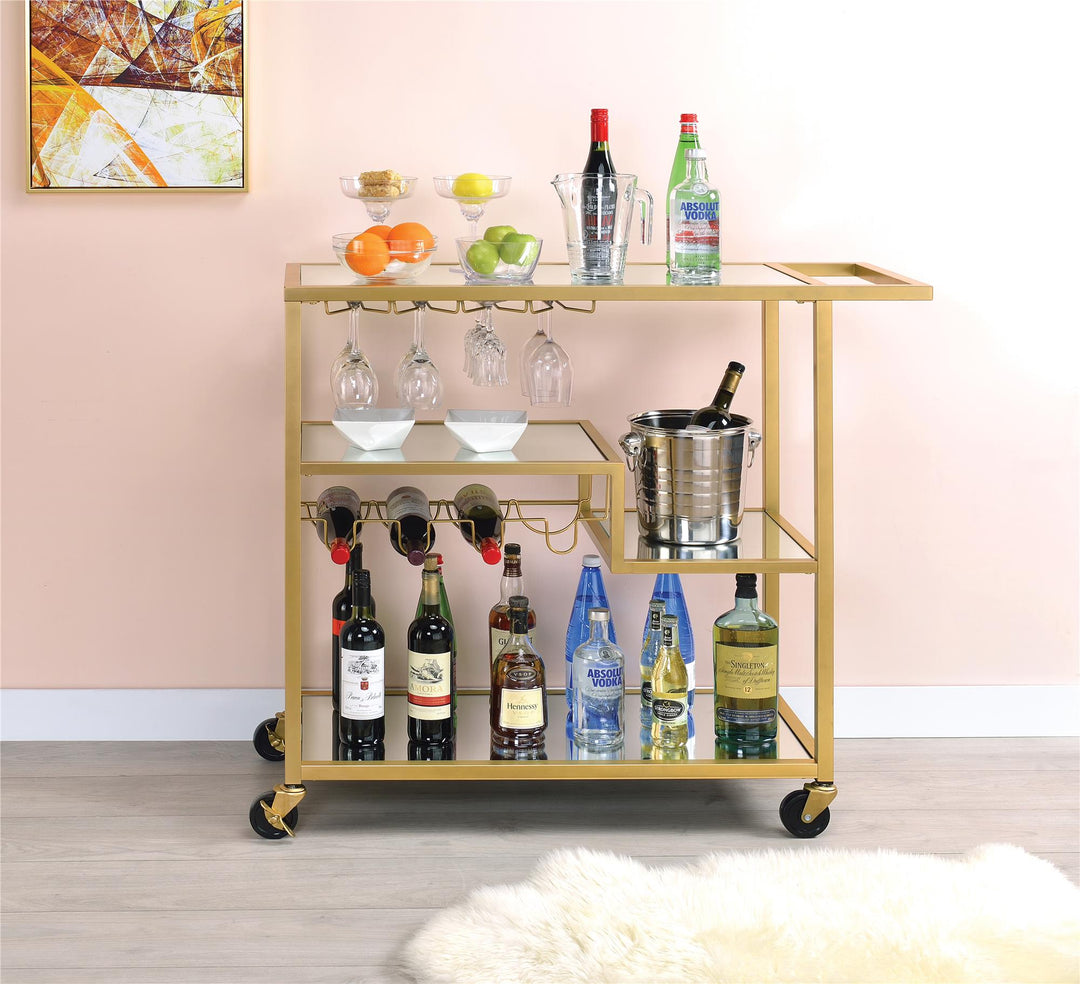 Serving Cart with Wine Bottle and caster wheels - Champagne Gold