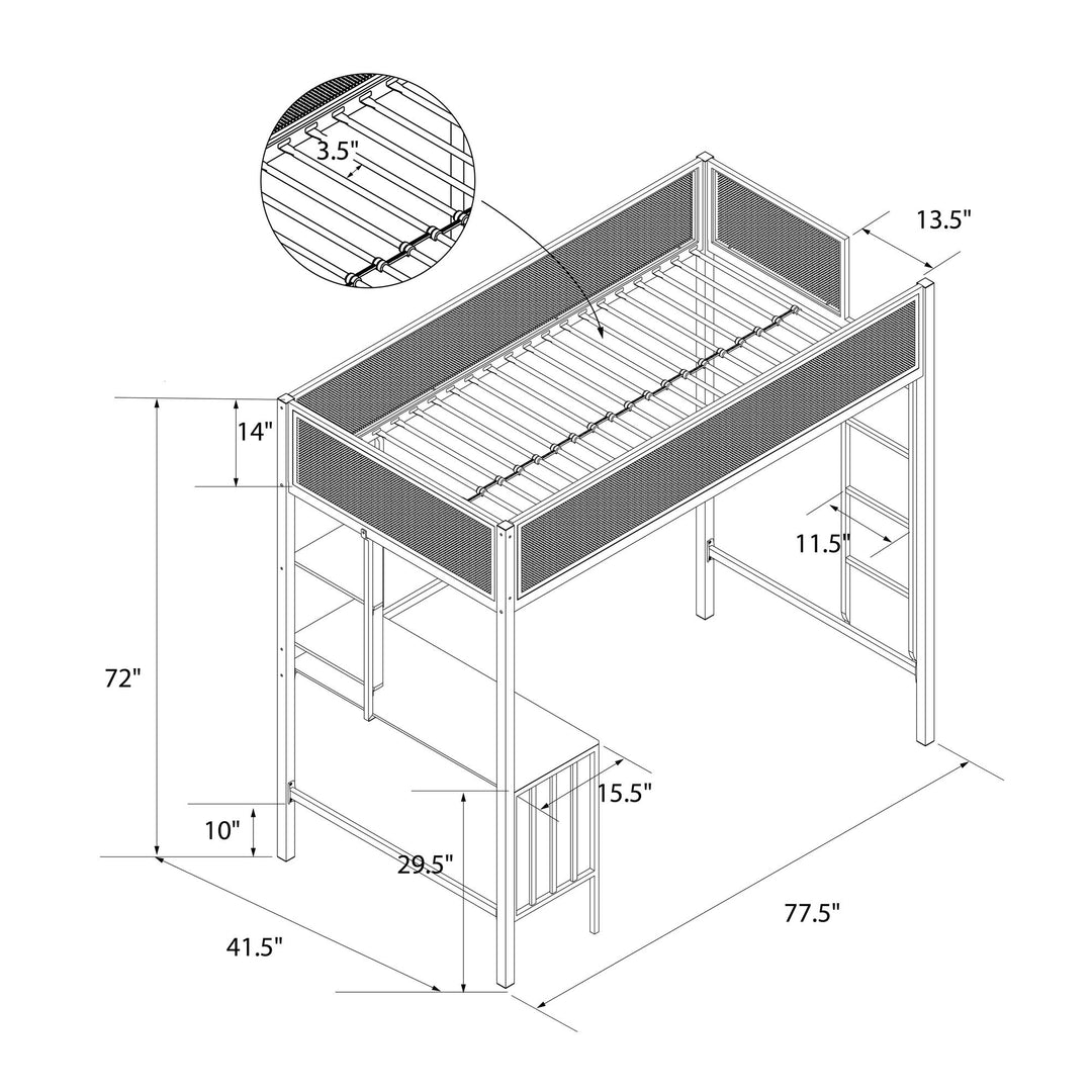 Axel Loft Bed with Desk & Shelves - White/Black - Twin