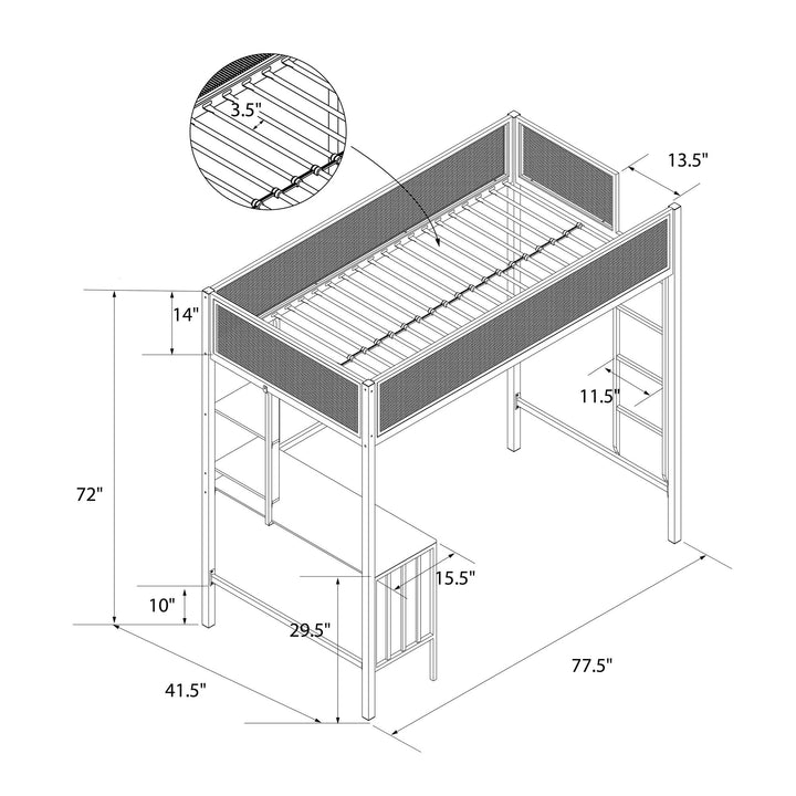 Axel Loft Bed with Desk & Shelves - White/Black - Twin