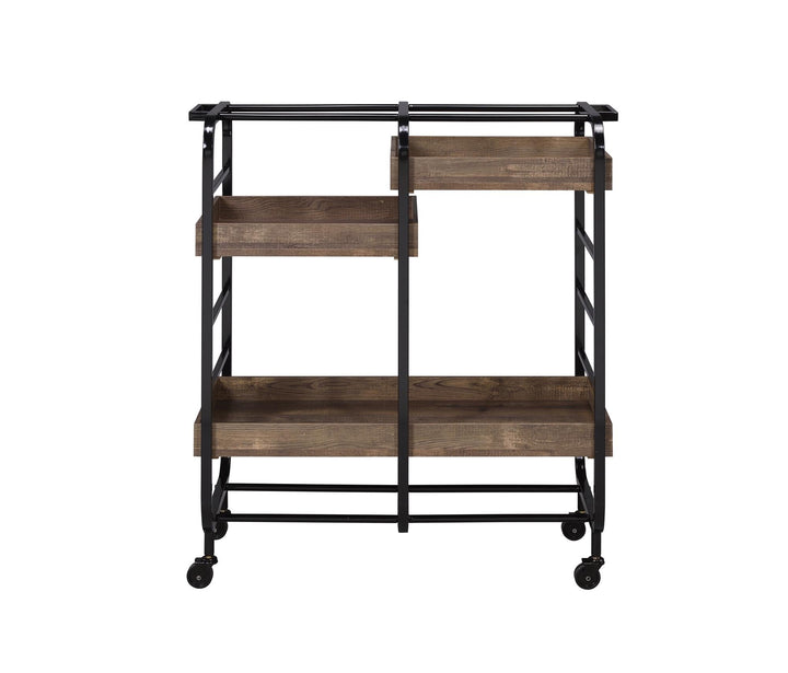 Vorrik Serving Cart with 3 Open Cubbies and 3 Adjustable Trays - Walnut
