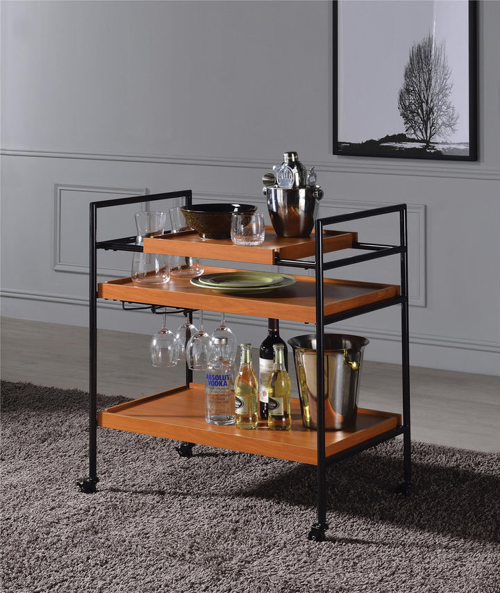 Wooden 3-Tier Serving Cart with Adjustable Trays - Honey
