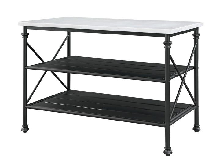 Artificial Stone Top Kitchen Island with 2 Metal Shelf  - White marble