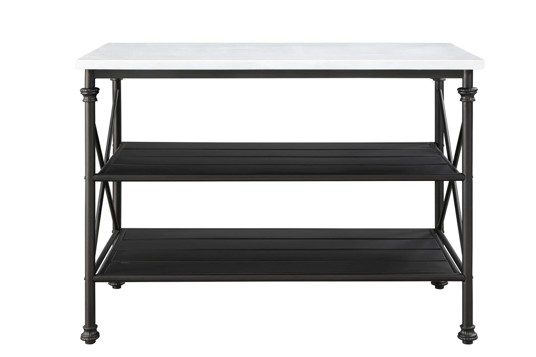 Brahm Kitchen Island with 2 Tiered Metal Shelf and Artificial Stone Top - White marble