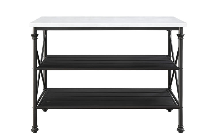 Brahm Kitchen Island with 2 Tiered Metal Shelf and Artificial Stone Top - White marble
